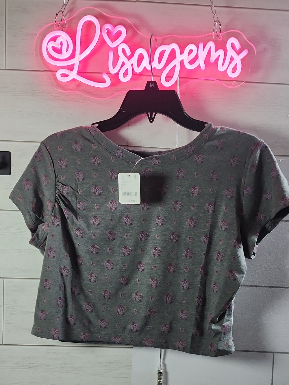 NWT Free People Women’s Short Sleeve Gray Floral Print Crop Top